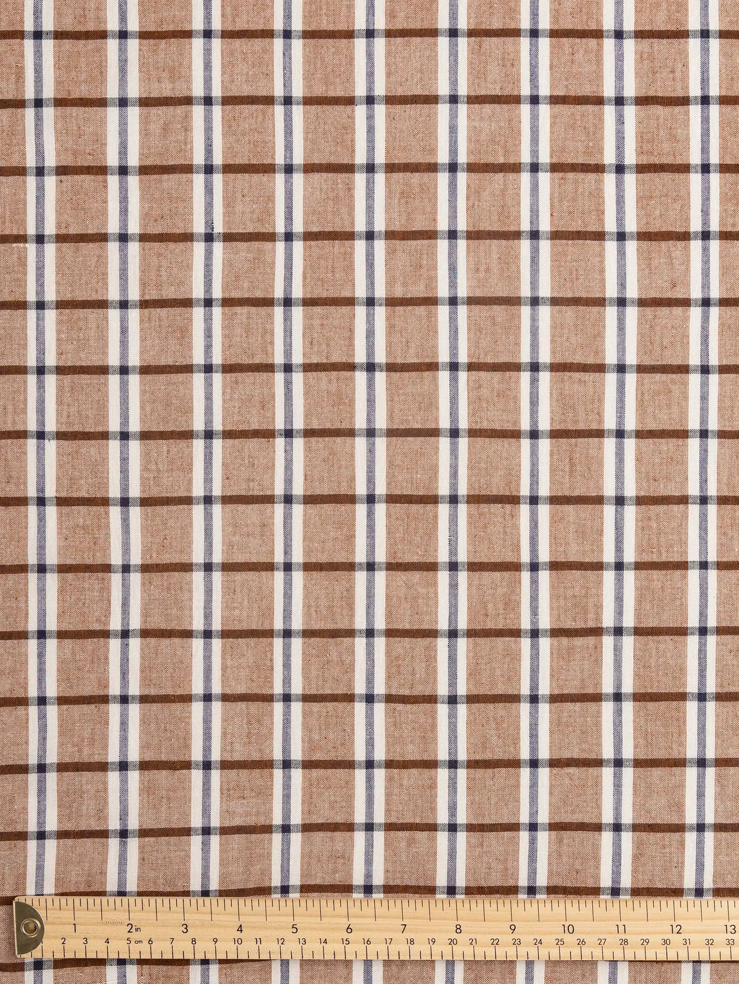 F-COT474 -Tiramisu-Artisanal-Check-Cotton-Toffee-Ivory-and-Indigo-Core-Fabrics-ruler.webp