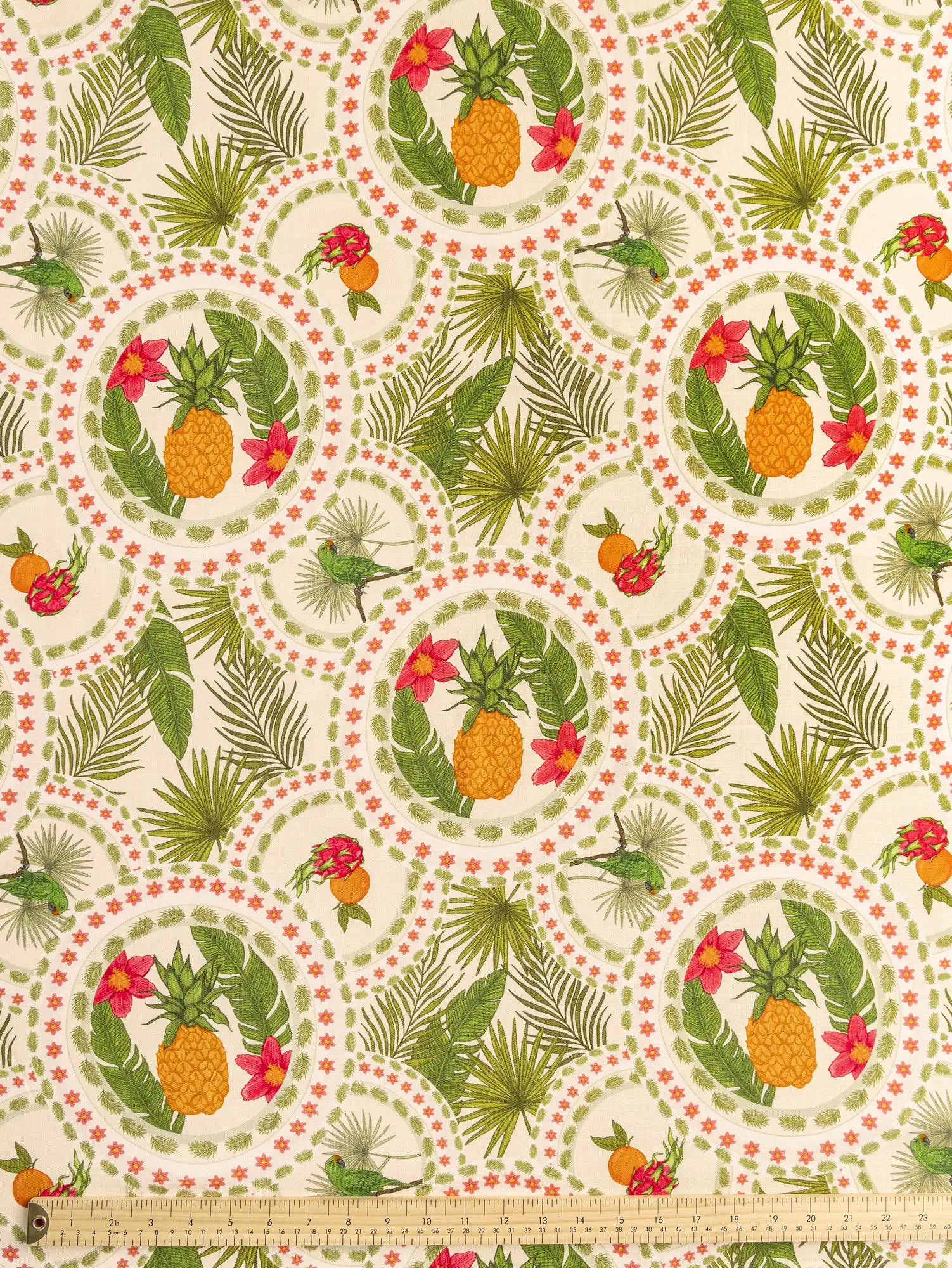 F-VIS312-Tropical-Fruits-Parrot-Print-Textured-Ecovero-Viscose-Oat-Basil-and-Cherry-Core-Fabrics-ruler.webp