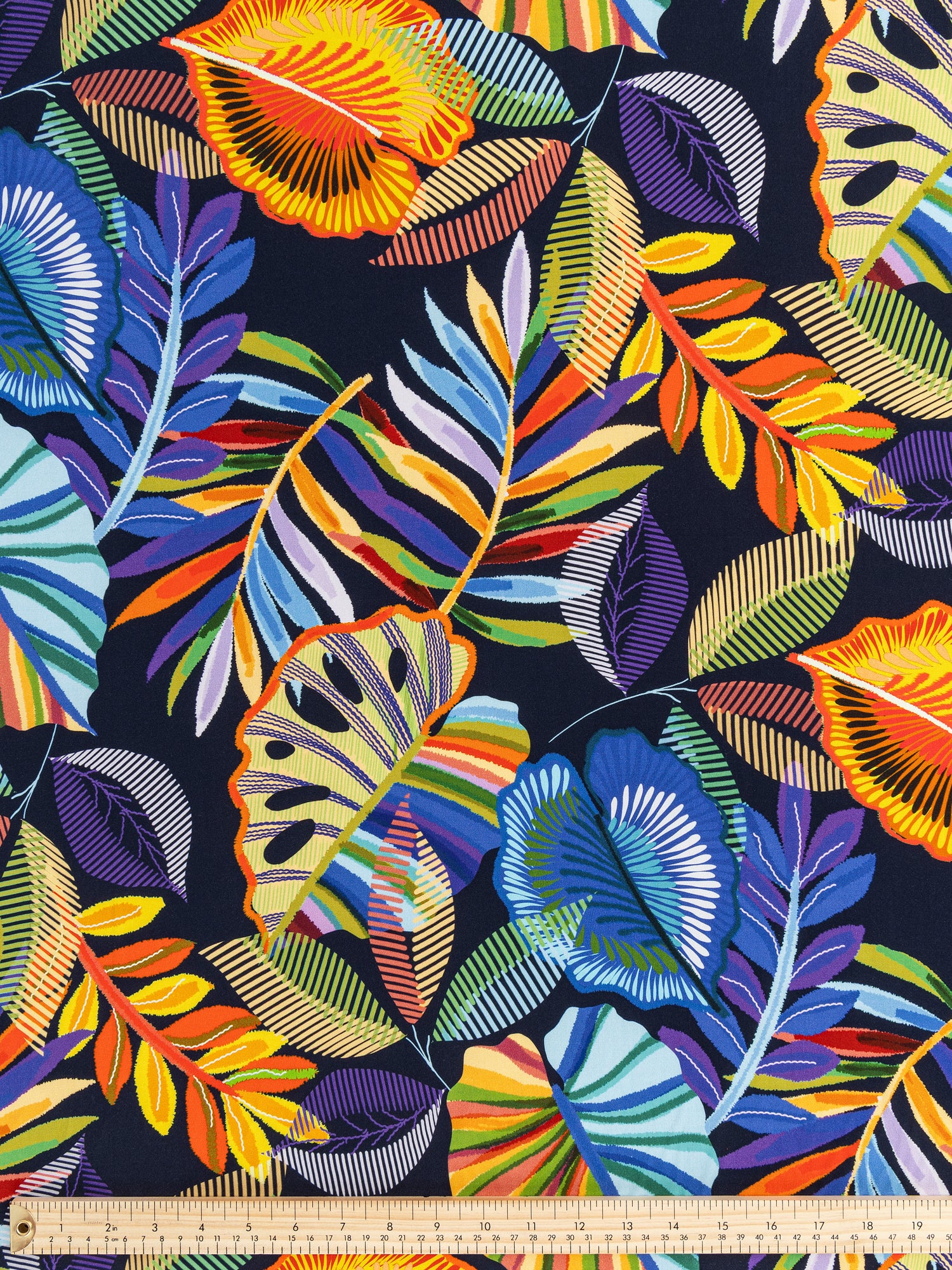 F-VIS246-Tropical-Leaf-Print-Ecovero-Viscose-Black+Pink+Orange+Violet-Core-Fabrics-ruler.JPG