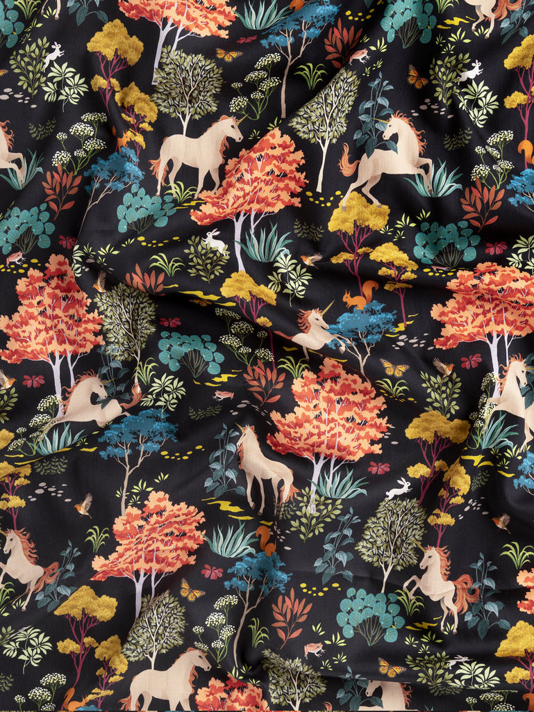 Unicorn Print Cotton Lawn - Navy + Multicolour