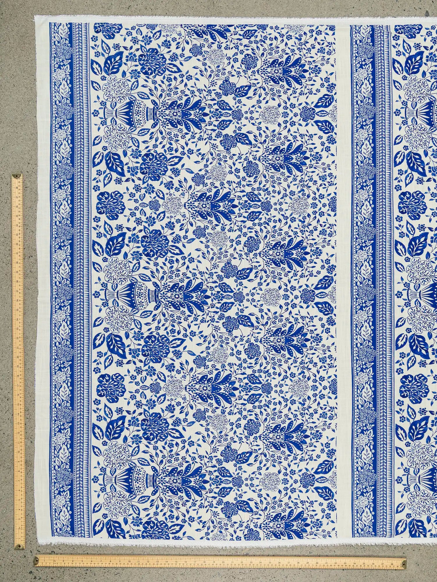 F-VIS310-Vases-and-Flowers-Panel-Print-Textured-Ecovero-Viscose-Ivory-and-Cobalt-Core-Fabrics-ruler-far.webp