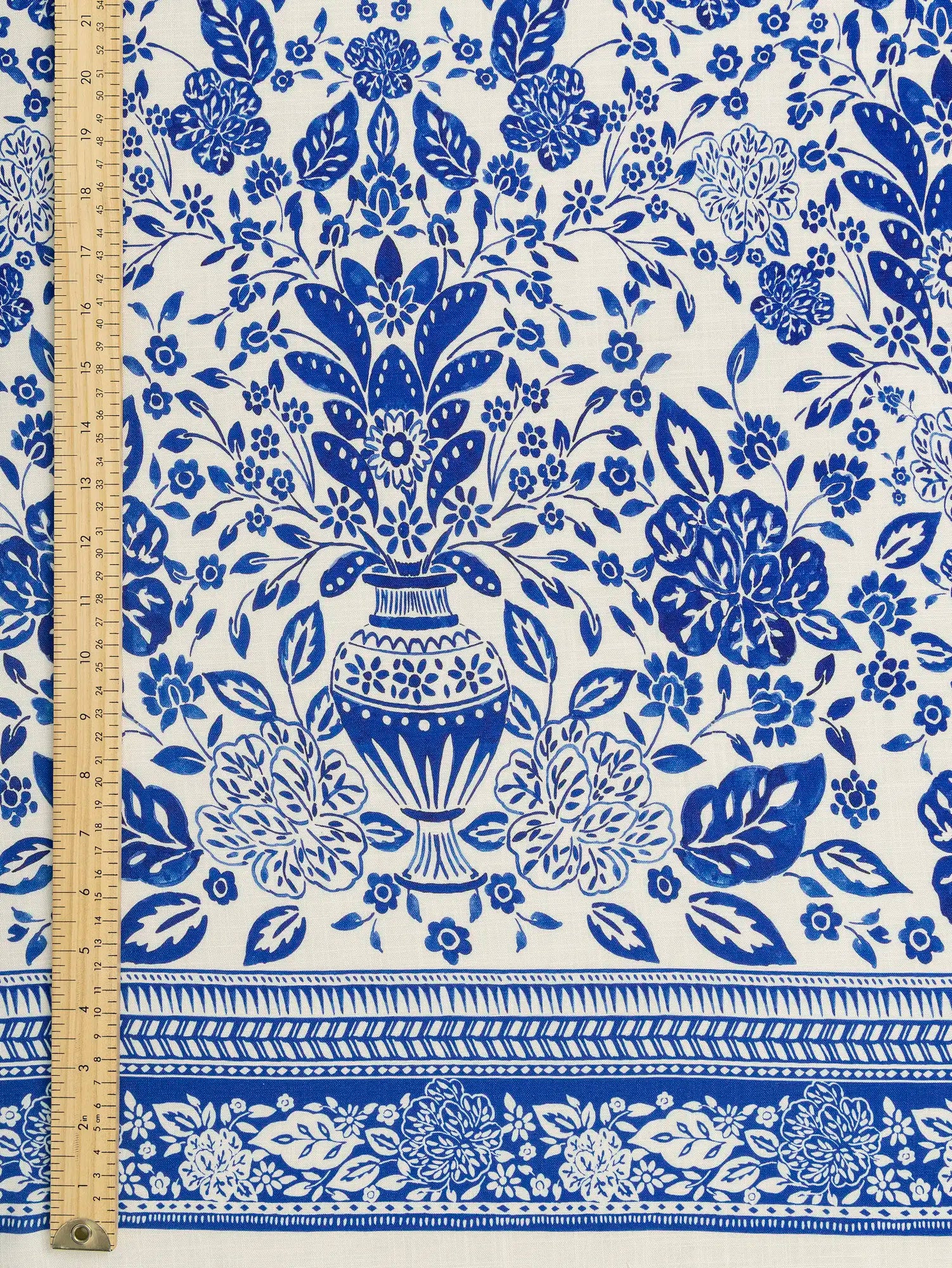 F-VIS310-Vases-and-Flowers-Panel-Print-Textured-Ecovero-Viscose-Ivory-and-Cobalt-Core-Fabrics-ruler-close.webp