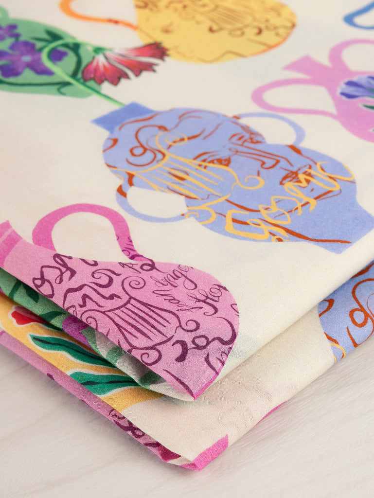 Vases & Verses Print Cotton Voile - Cream + Multicolour