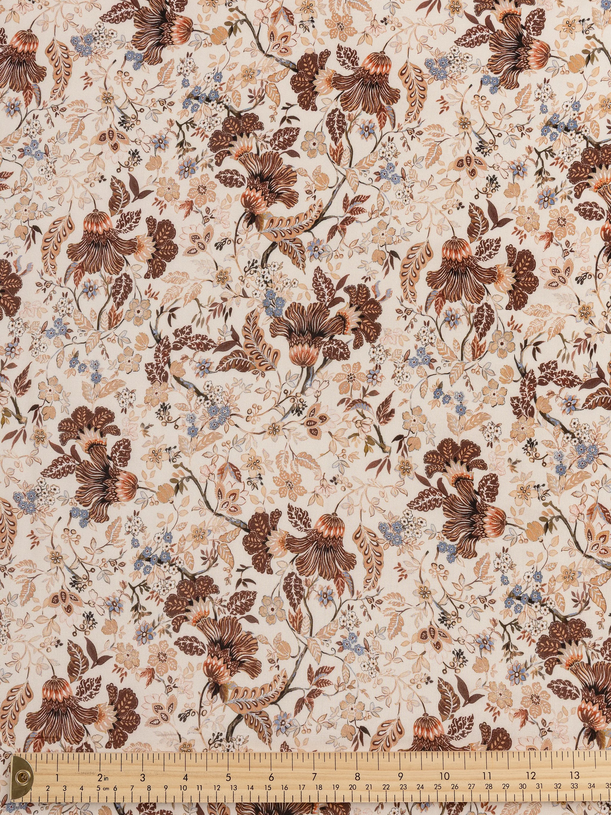 F-DEA148-Vintage-Floral-Print-Rayon-Challis-Deadstock-Cream-Brown-and-Light-Blue-Core-Fabrics-ruler.webp