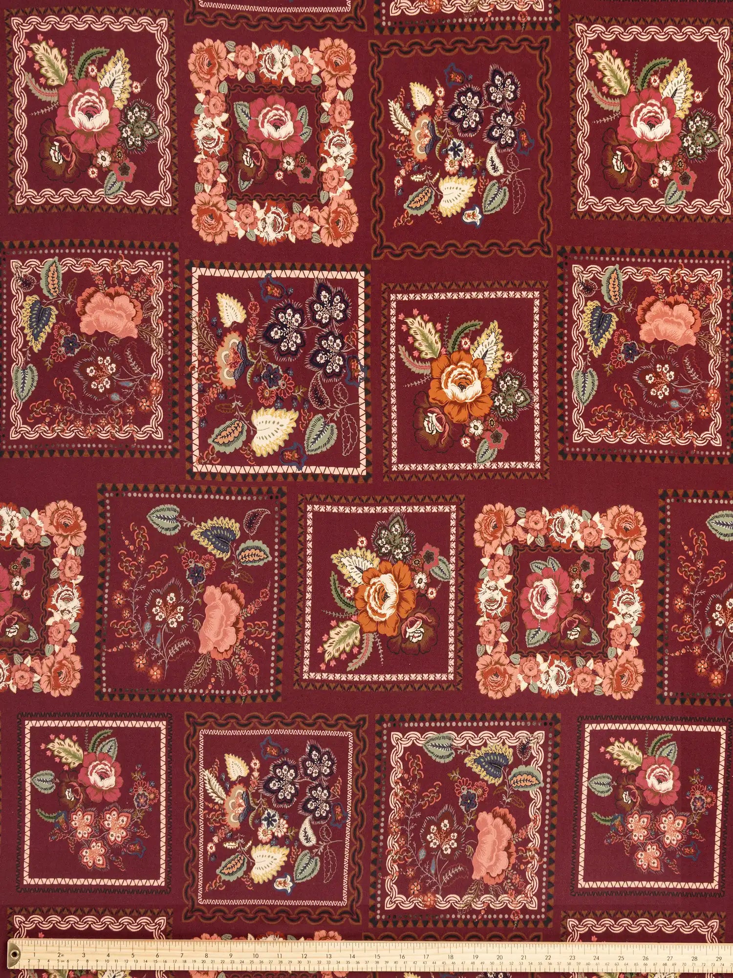 F-VIS301-Vintage-Floral-Tile-Ecovero-Viscose-Burgundy-Multicolour-Core-Fabrics-ruler.webp