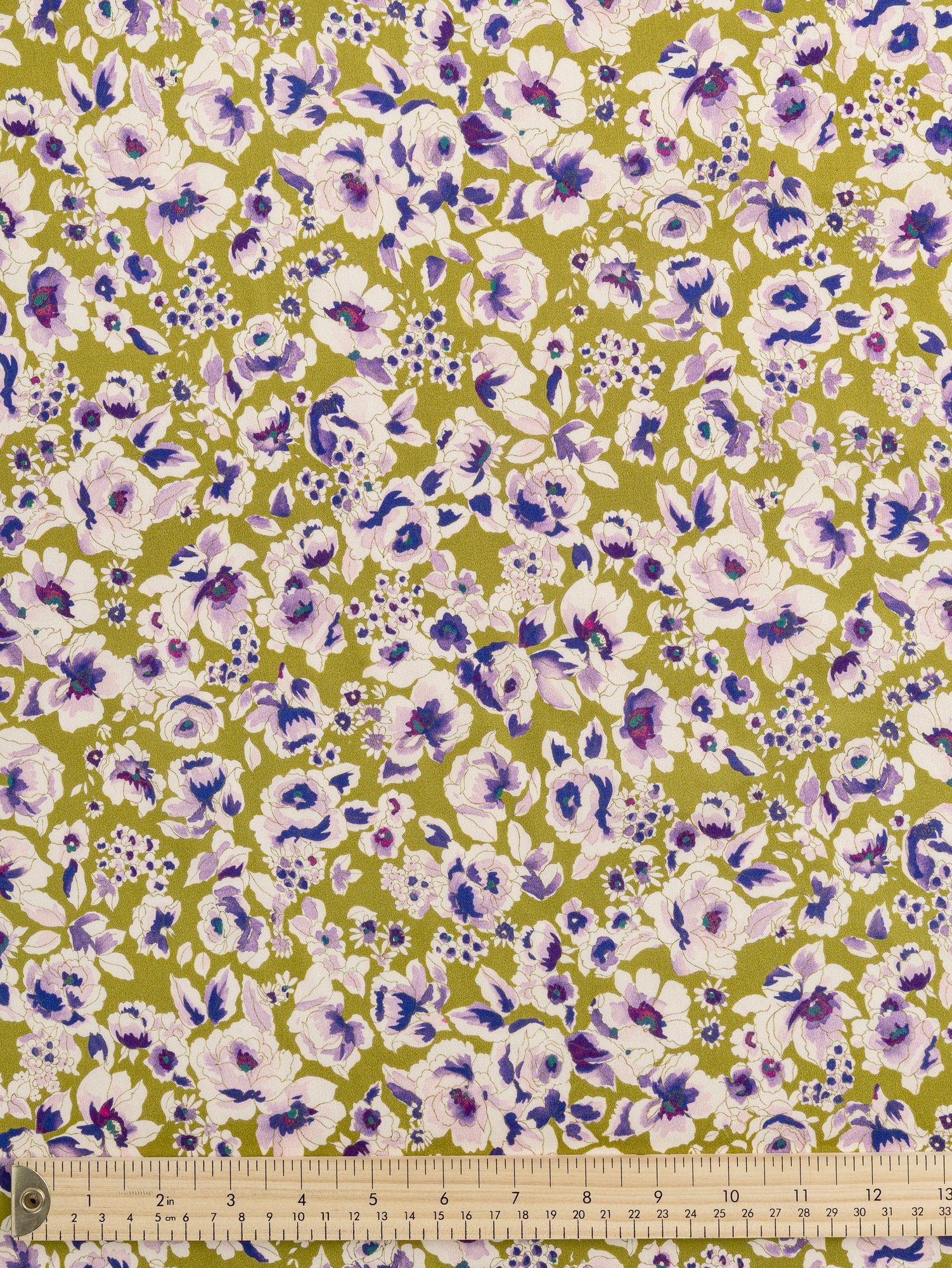 F-COT394-Watercolour-Floral-Print-Cotton-Sateen-Olive-Purple -Cream-Core-Fabrics-ruler.JPG