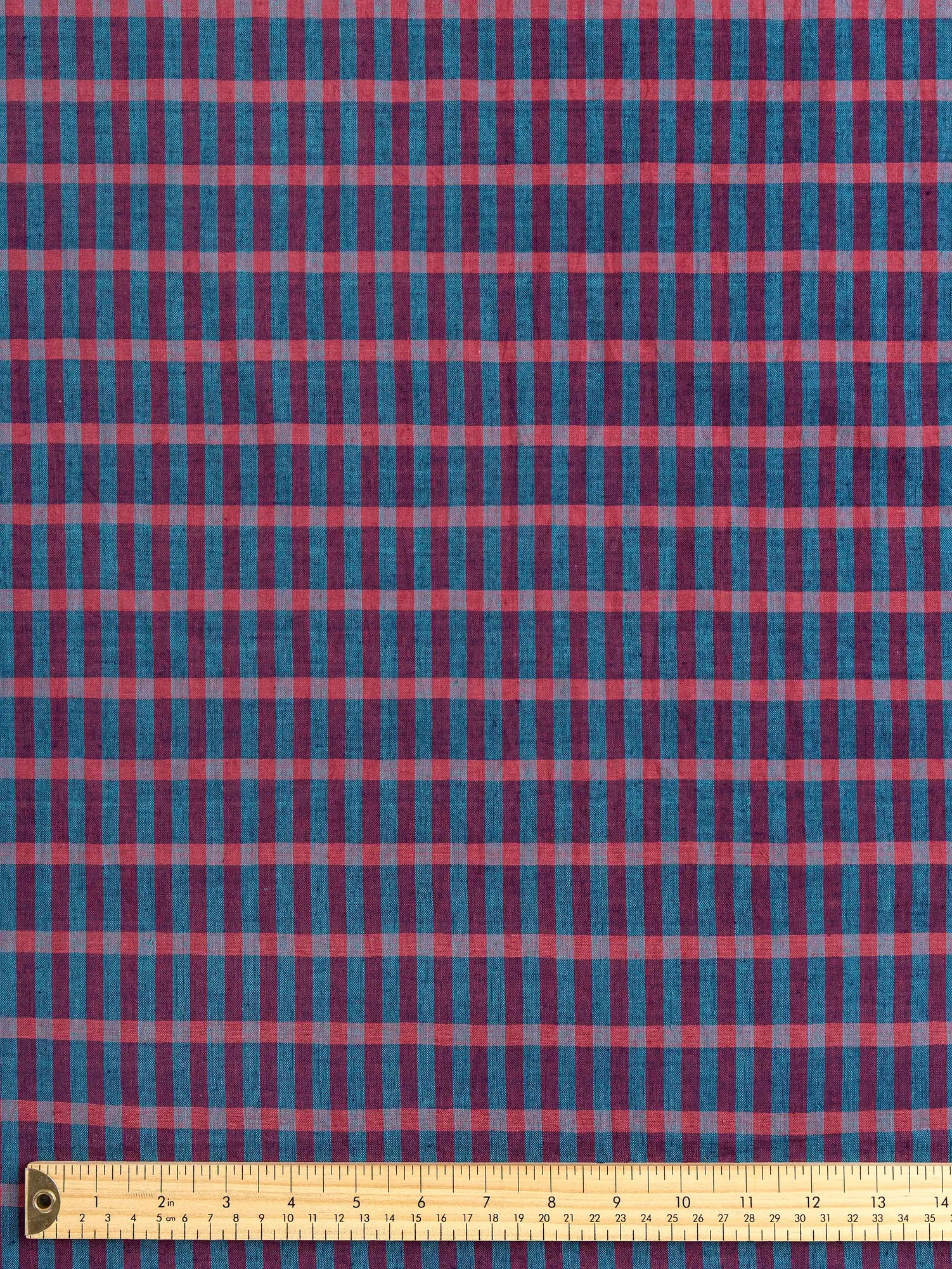 F-COT476-Wildberry-Artisanal-Check-Cotton-Raspberry-Peacock-and-Indigo-Core-Fabrics-ruler.webp