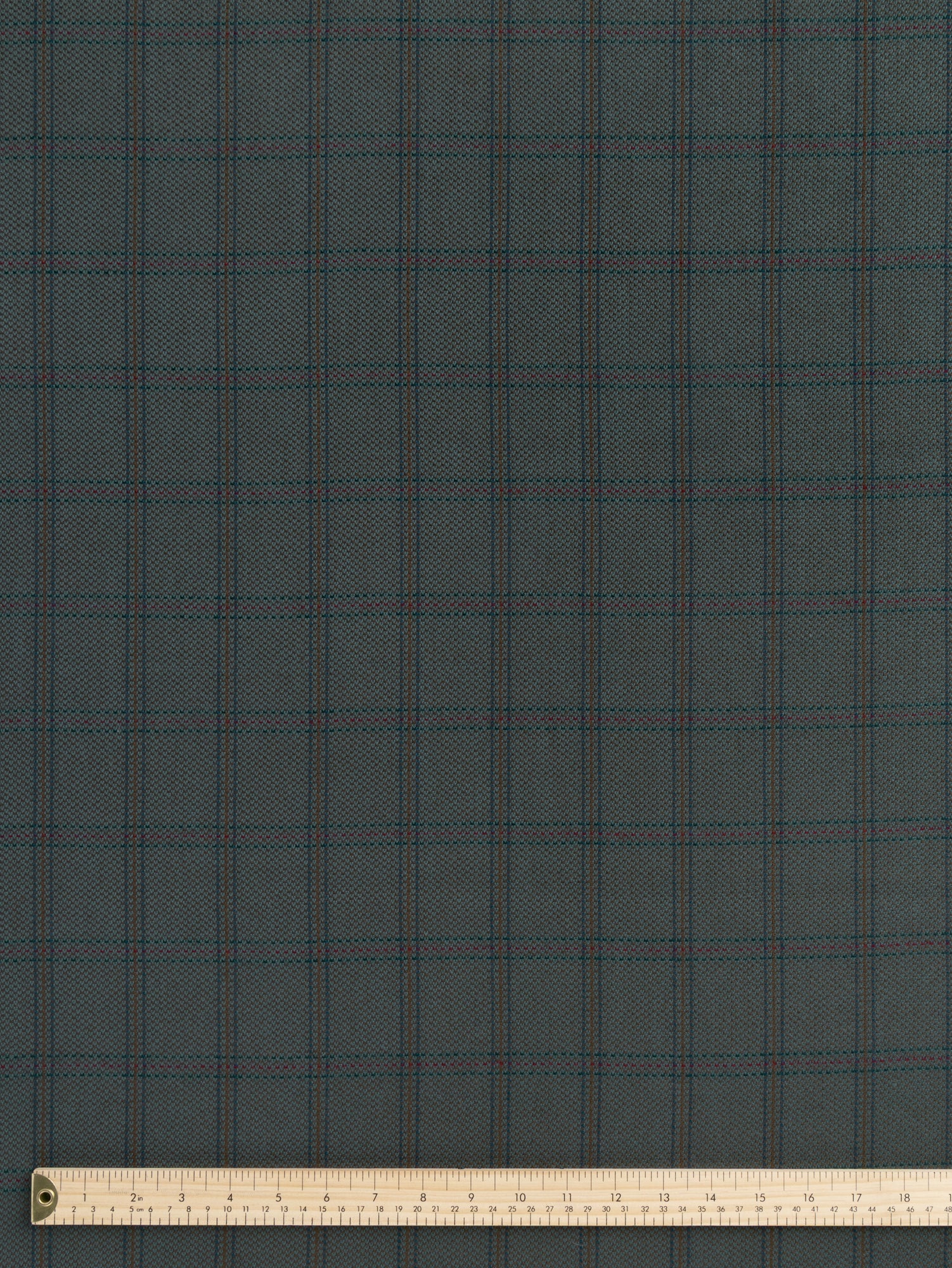 F-WOL108-Windowpane-Plaid-Wool-Suiting-Deadstock-Olive-Green-Blue-Red-Core-Fabrics-ruler.JPG