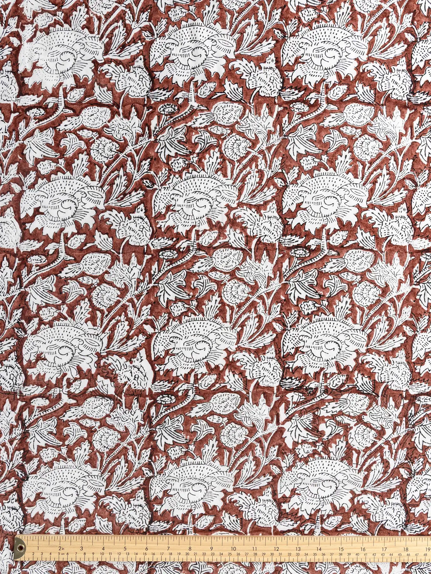 F-COT487-Woodland-Floral-Block-Print-Cotton-Poplin-Chestnut-Ivory-and-Black-Core-Fabrics-ruler.webp