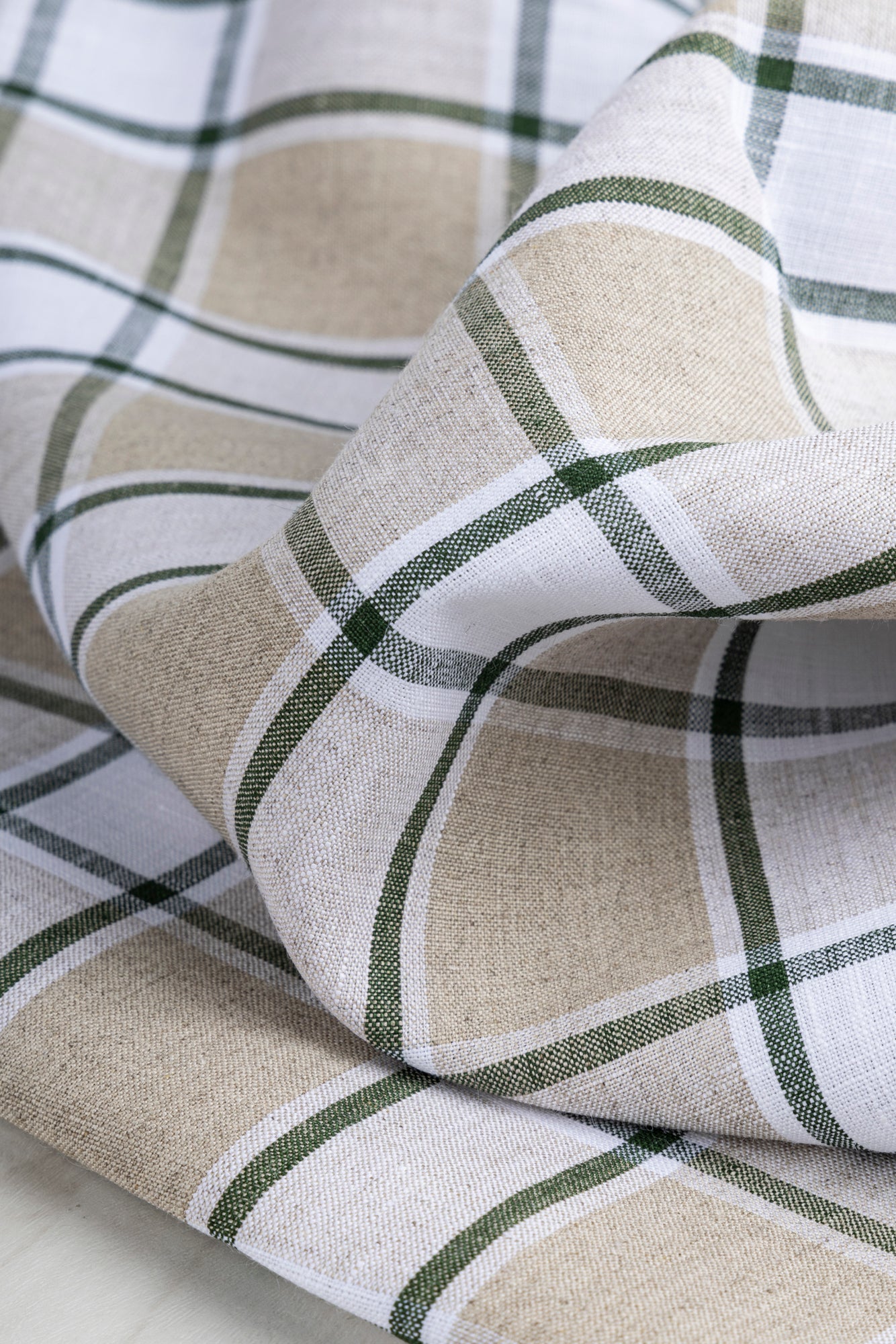 Yarn Dyed Plaid Irish Linen Suiting Deadstock - Beige + Green + White | Core Fabrics