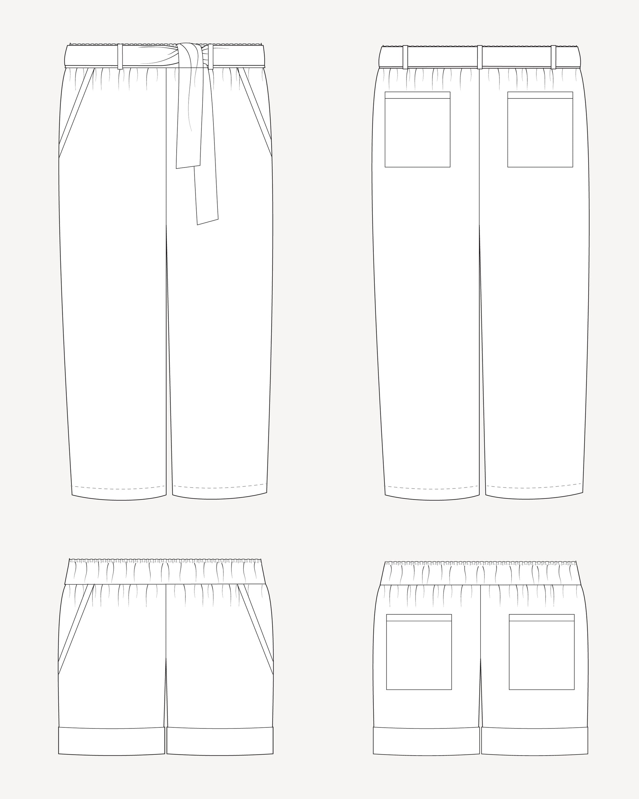 Line drawing of a pair of pants with a belt and front pockets on a white background. These pants are the Everett Pants & Shorts sewing pattern from Cashmerette.