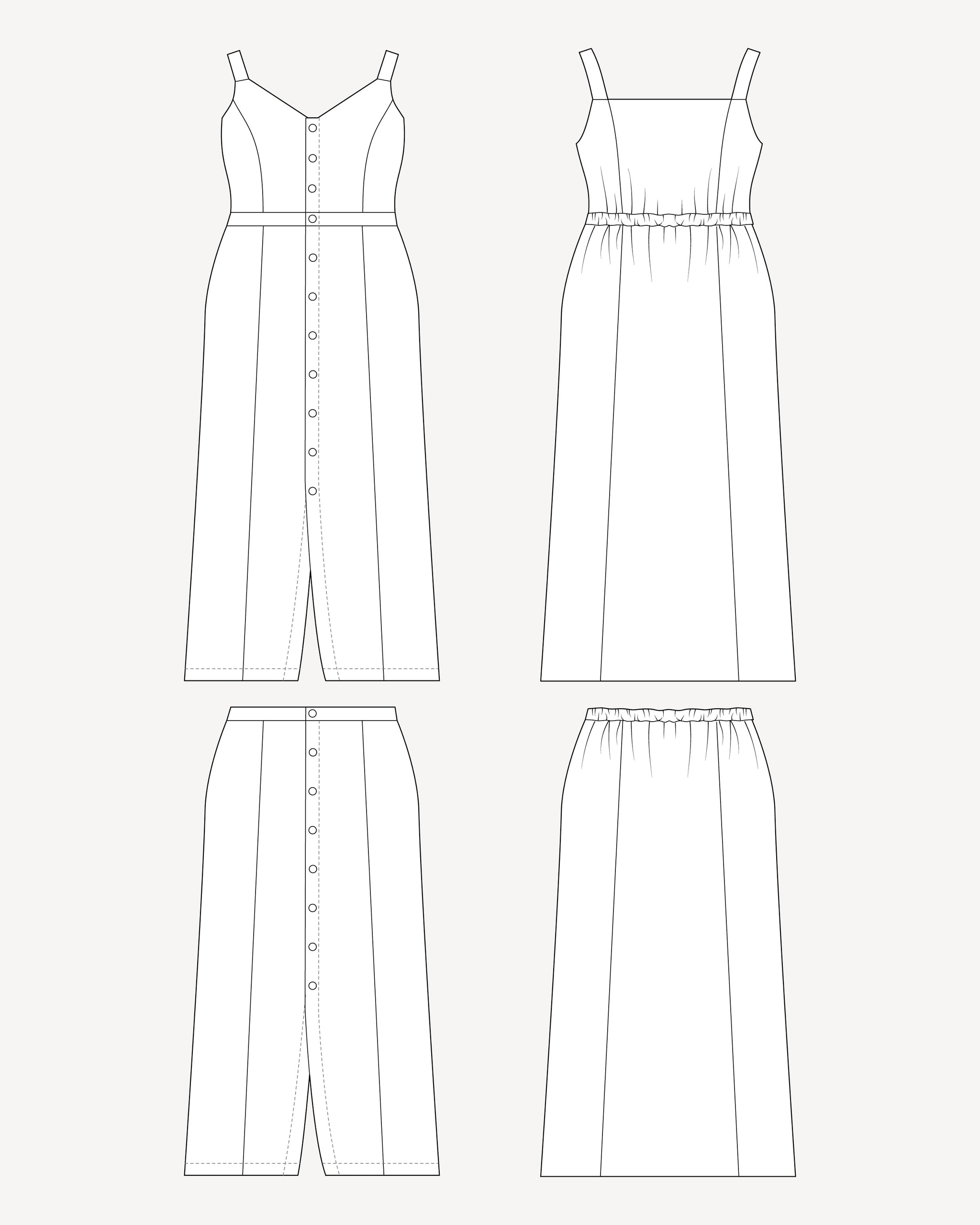 Line drawing of a dress and skirt on a white background. This is the Holyoke Maxi Dress & Skirt sewing pattern from Cashmerette.