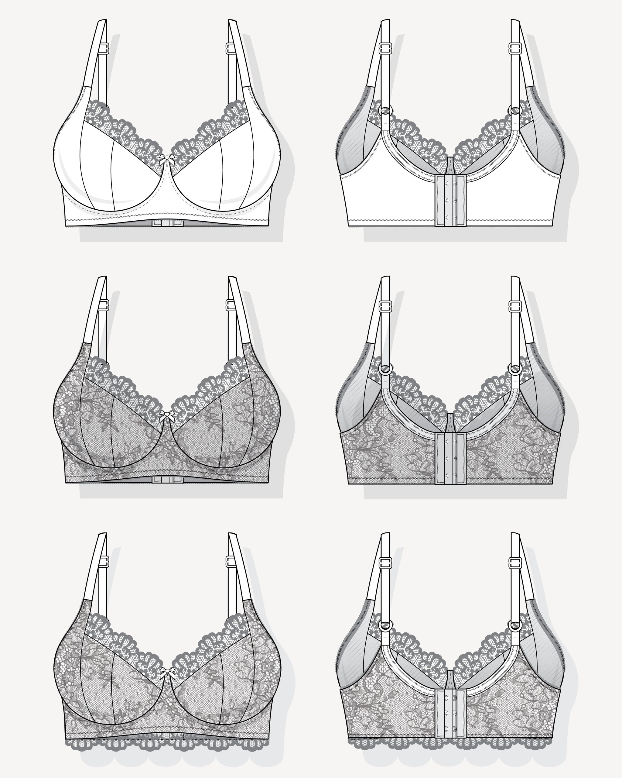 Technical drawings of various types of bras on a white background. This bra is the Willowdale Bra sewing pattern from Cashmerette.