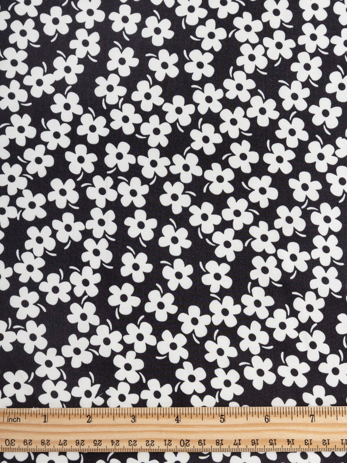 Daisy Print Satin Viscose - Cream + Black | Core Fabrics
