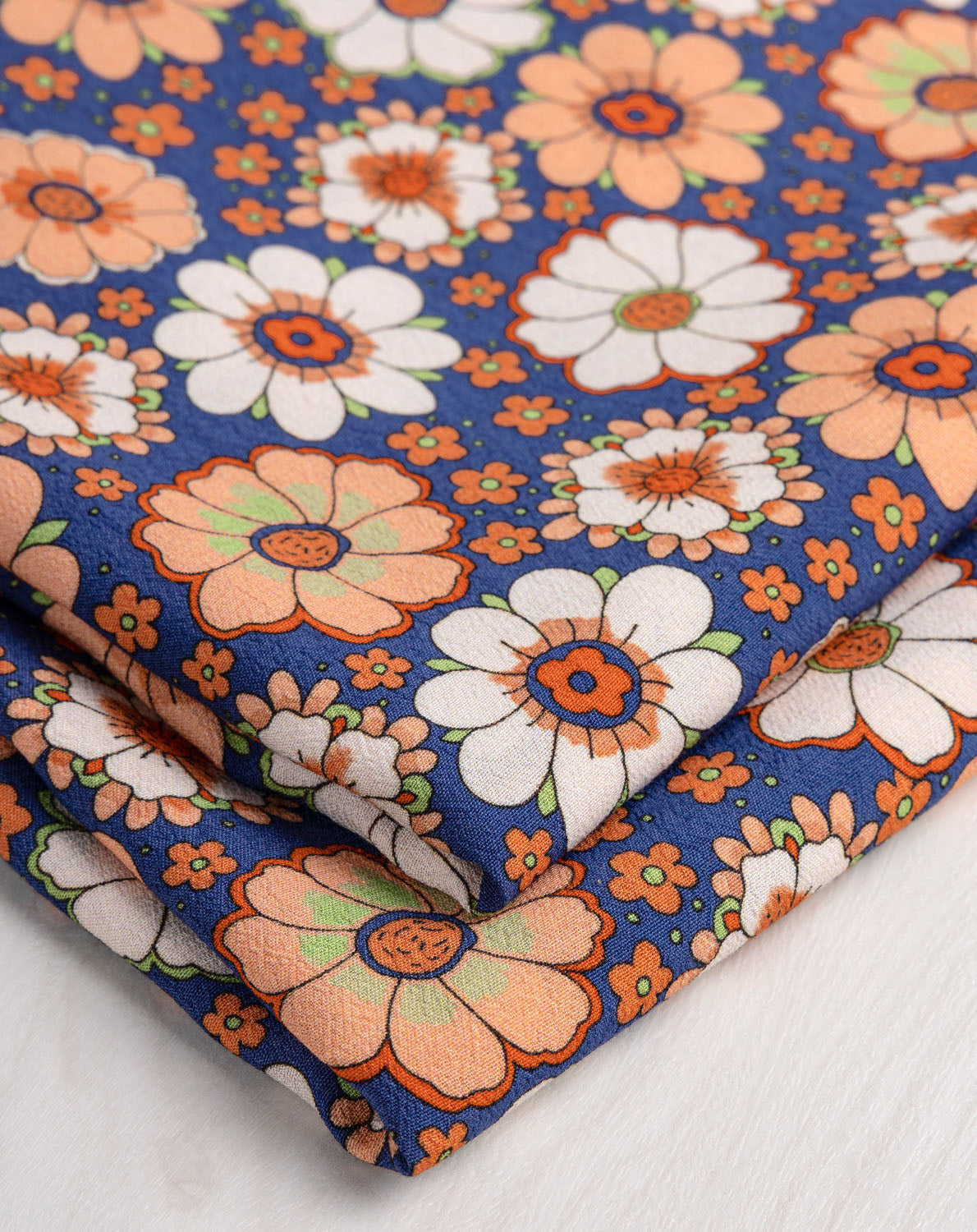 Daisy Floral Print Viscose Crepe - Navy + Orange + Cream | Core Fabrics