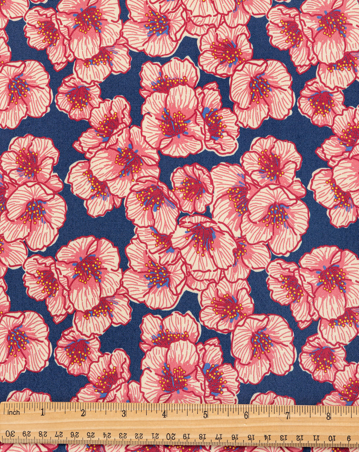 Poppy Floral Print Viscose Crepe - Navy + Pink | Core Fabrics