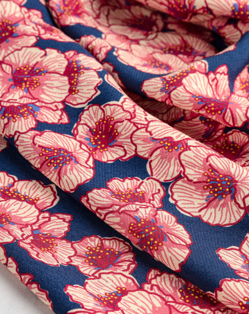Poppy Floral Print Viscose Crepe - Navy + Pink