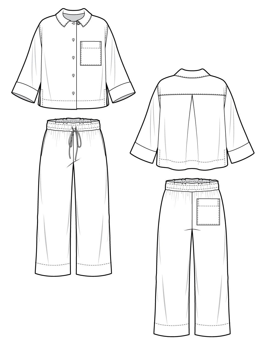 Fran Pajamas | Pajama Bottom + Pajama Top | Technical Flats | Closet Core Patterns