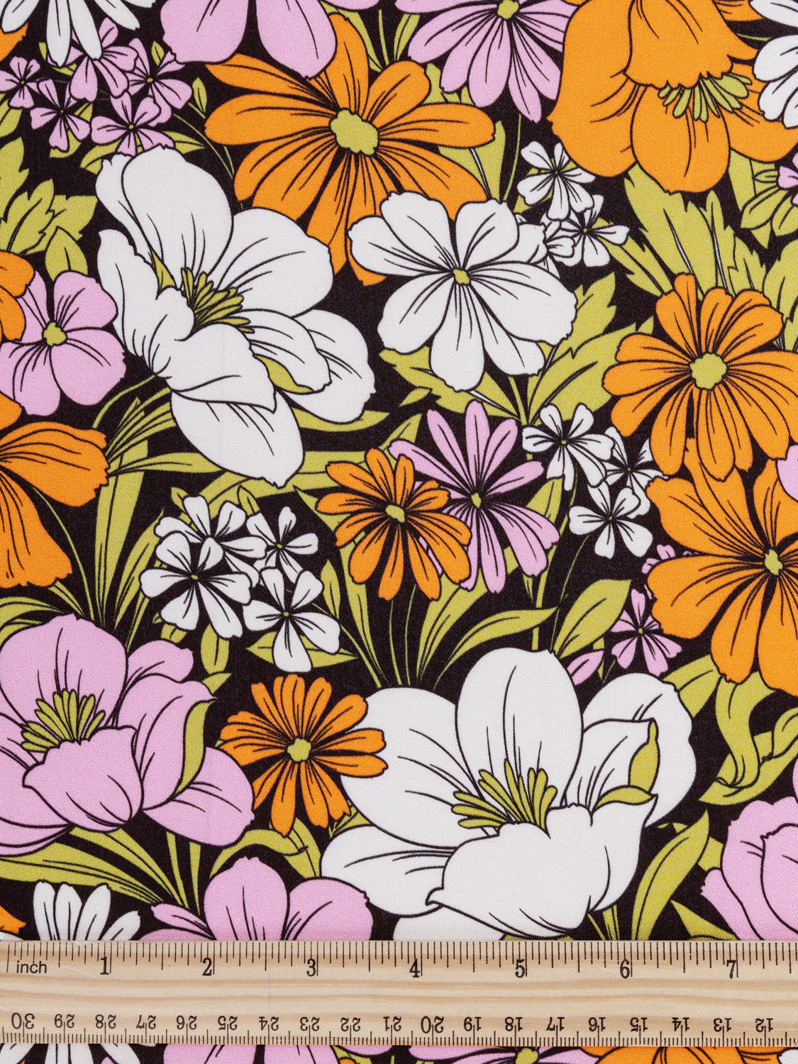 Groovy Floral Print Satin Viscose - Black + Pink + Orange | Core Fabrics