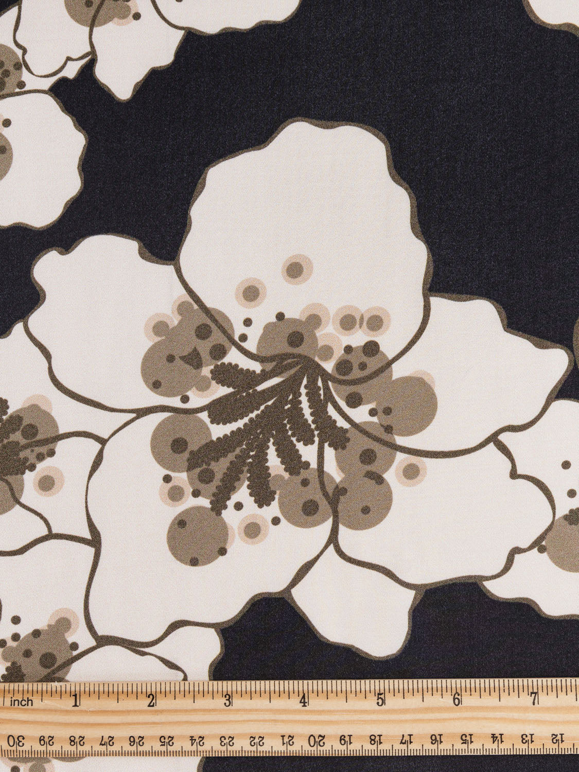 Large Scale Floral Print Satin Viscose - Black + Rose Gold | Core Fabrics
