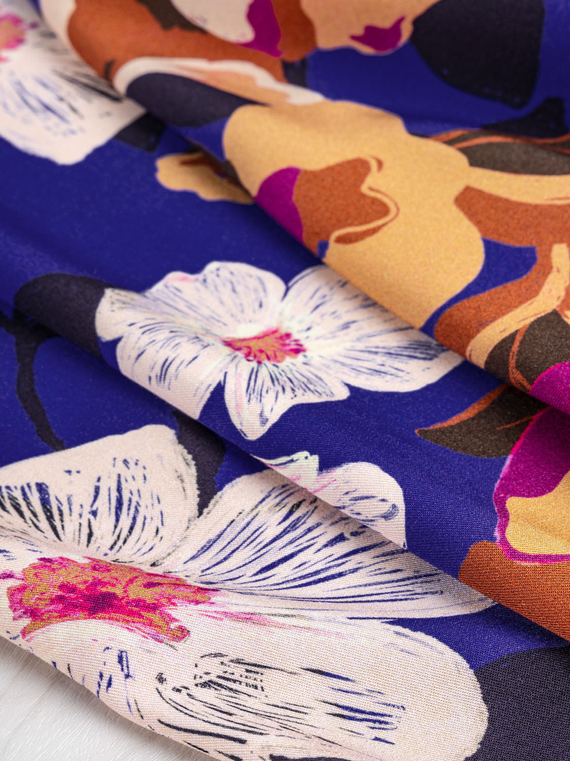 Large Scale Illustrated Flower Print Viscose - Cobalt + Clay + Magenta | Core Fabrics