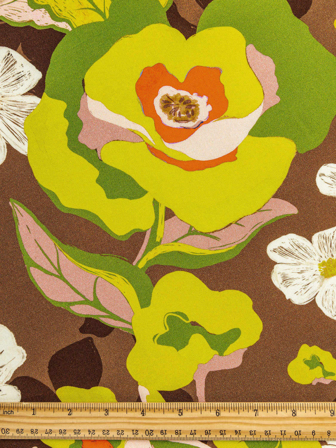 Large Scale Illustrated Flower Print Viscose - Cocoa + Lime + Tangerine | Core Fabrics
